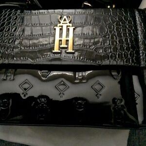 Athena Black Croc-Embossed Bag with Gold Accent